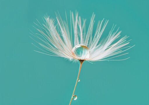 macro photo of a water droplet on a dandelion seed, teal background, vibrant colors, in the style of nature