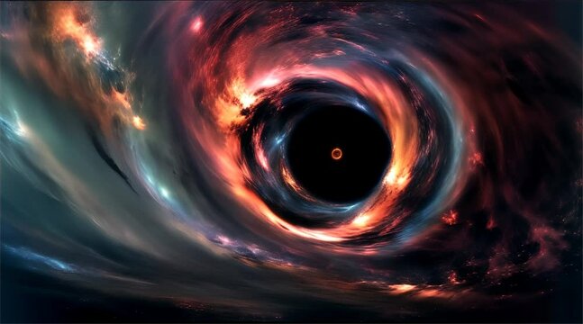 A vibrant digital art representation of a black hole surrounded by cosmic clouds and stellar formations, evoking a sense of the mysterious universe.
