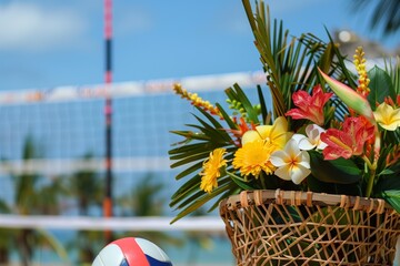 a basket full of mixed tropical flowers beside a beach volleyball setup