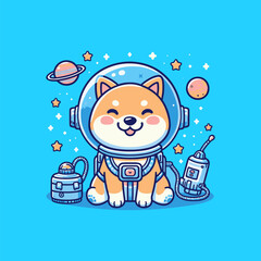 Cute Shiba Inu astronaut with a happy expression, set against a blue backdrop.