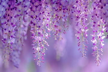 Cascading wisteria vines, their lavender blossoms hanging like delicate clusters of grapes.