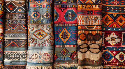 A colorful and diverse display of vertically hung traditional rugs with intricate patterns and symbols