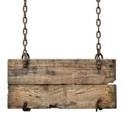 Foto op Plexiglas wood sign hanging from chains on transparency background PNG  © Sim