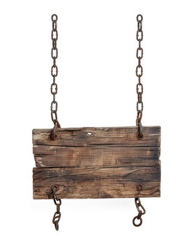 wood sign hanging from chains on transparency background PNG
