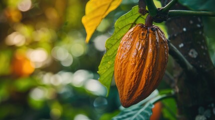 Cocoa fruit ( Theobroma cacao ) on a tree - obrazy, fototapety, plakaty