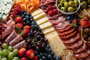 Large charcuterie layout with meats cheeses and fruits for party or event