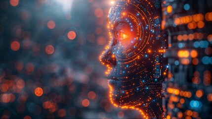 Future AI technology melding with the human mind, singularity concept