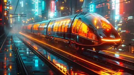 Train speeding through a futuristic lit-up city at night