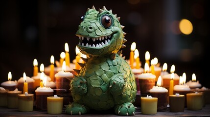 Fototapeta premium A fun and festive birthday cake in the shape of a dinosaur, with green buttercream scales and a candle 