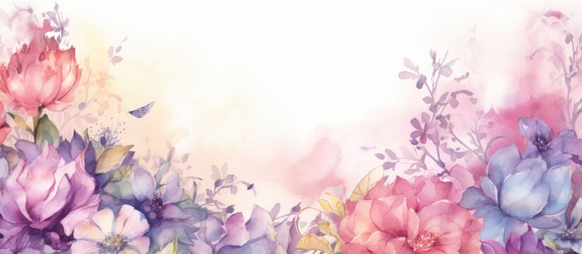 A watercolor painting portraying vibrant purple and magenta flowers on a pristine white background, showcasing the beauty of nature with blossoming petals and lush green grass