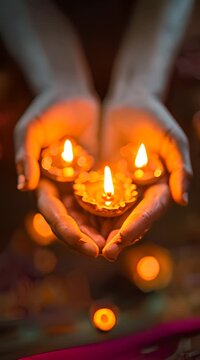 Female hands lighting small tea light candles during diwali, diwali stock images, realistic stock photos 4K Video