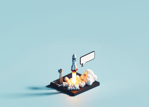 불꽃과 연기를 내뿜으며 발사하고 있는 로켓과 우주정거장의 복셀아트(voxel art)