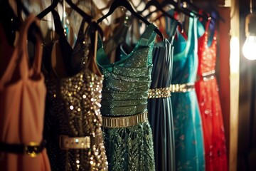 sparkling belts on dresses hanging from a vintage rack - obrazy, fototapety, plakaty