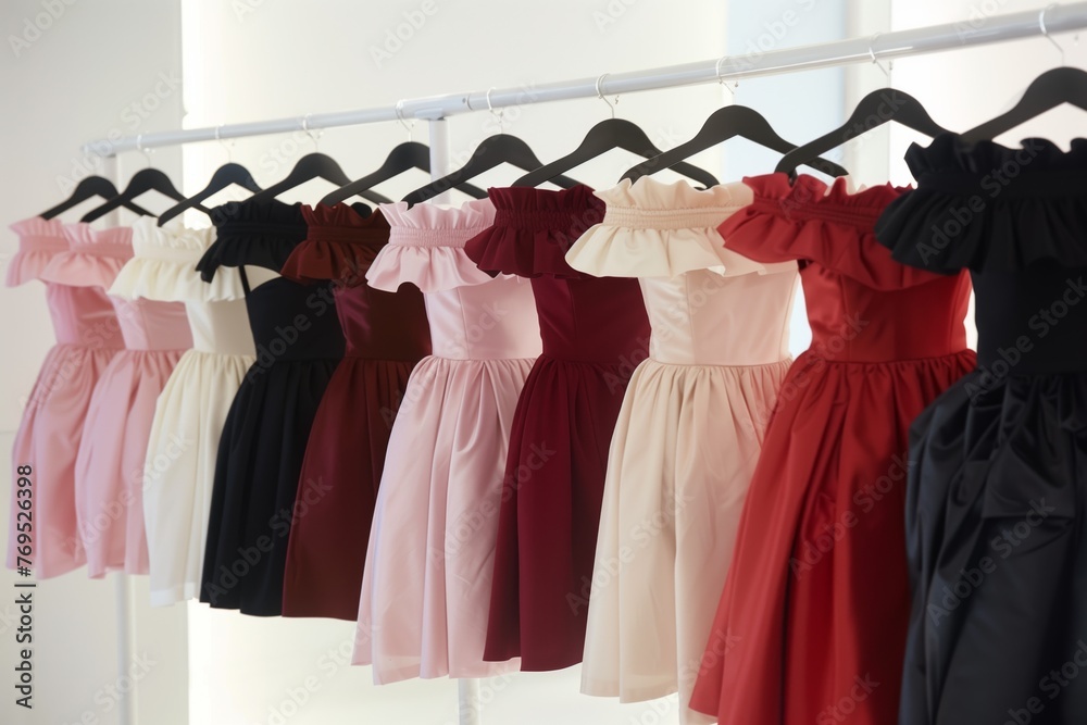 Poster offtheshoulder dresses lined up on a sleek rack