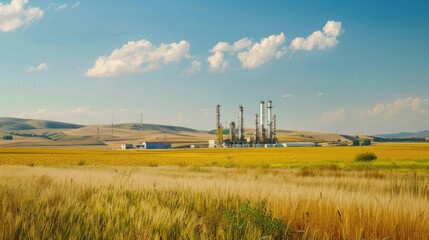 Fototapeta na wymiar Distant view of sunflower oil refinery in a field