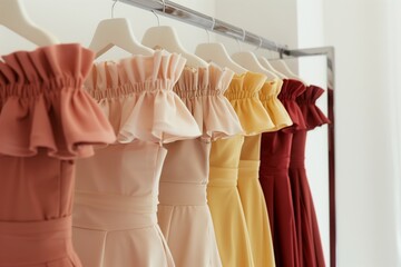 offtheshoulder dresses lined up on a sleek rack