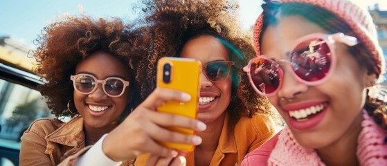 A group of cheerful african american female friends caresses the screen of a mobile phone and takes a selfie while standing and leaning against a parked car in front of us - obrazy, fototapety, plakaty