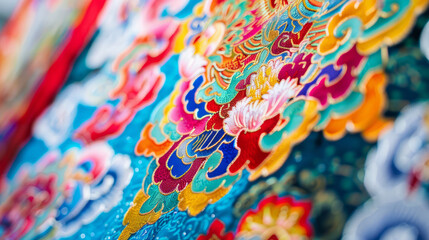 Obraz na płótnie Canvas This close-up highlights the intricate and colorful patterns of a traditional Tibetan textile, a testament to skilled craftsmanship