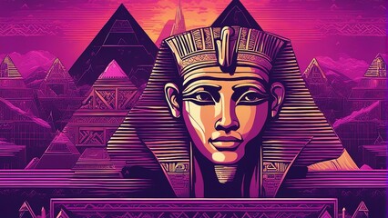 Generative AI. Wallpaper, Neon glow Egyptian art. Beautiful pyramids, futuristic, painting, photo frame, design. Egyptian god.  - obrazy, fototapety, plakaty