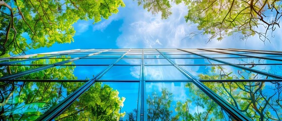 An eco-friendly building with trees to reduce heat and CO2. Green office building in a modern city. - obrazy, fototapety, plakaty