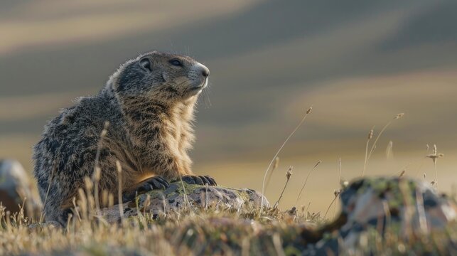 Bobak marmot or Marmota bobak in steppe