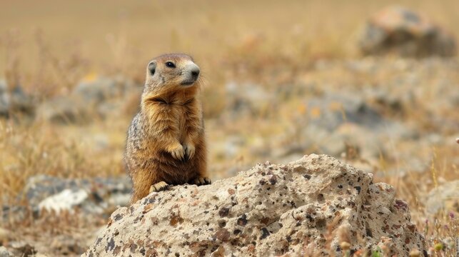Bobak marmot or Marmota bobak in steppe