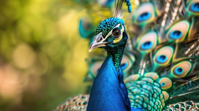 Close up male peacock with fully unfolded feathers of his tail