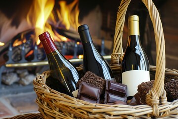 wicker basket with wine bottles and chocolates next to a fireplace - obrazy, fototapety, plakaty