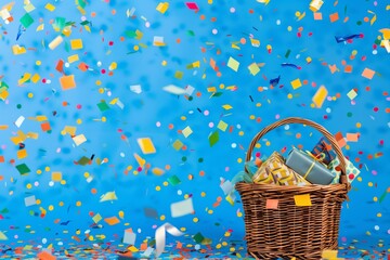 wicker basket with gifts surrounded by confetti on a blue backdrop