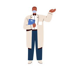 Doctor showing, advertising with hand gesture. Medic, healthcare specialist, practitioner in hospital coat standing and presenting something. Flat vector illustration isolated on white background - obrazy, fototapety, plakaty