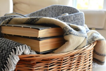 wicker basket with a blanket and books for a cozy reading gift - obrazy, fototapety, plakaty