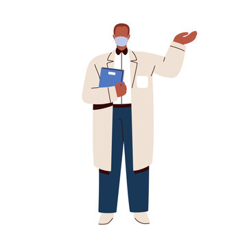 Doctor showing, advertising with hand gesture. Medic, healthcare specialist, practitioner in hospital coat standing and presenting something. Flat vector illustration isolated on white background