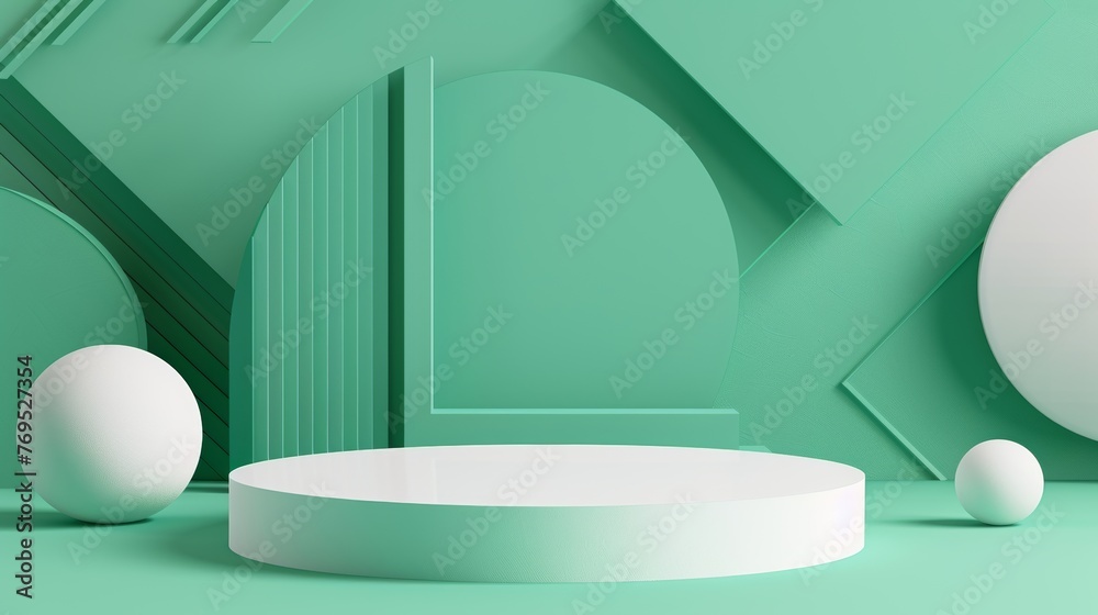 Aufkleber Three-dimensional paper cut abstract minimal geometric shape template background with white cylinder podium. Modern illustration.