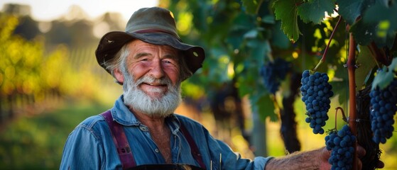 An agricultural worker smiles while holding a grapevine in his pocket at a vineyard