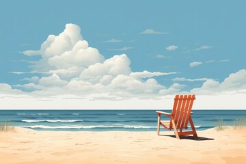 A minimalist illustration features a solitary beach chair facing the ocean horizon, inviting relaxation and tranquility in travel - obrazy, fototapety, plakaty