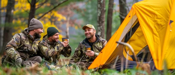 Foto op Canvas A group of smiling male hunters drinking coffee outside a tent in a remote field with their friends © Zaleman