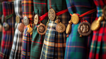 Close-up image showcasing the texture and patterns of tartan fabrics with ornate Celtic motif buckles