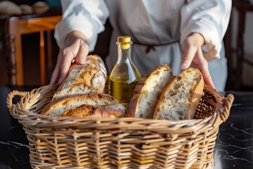 person arranging a wicker basket with artisan bread and olive oil - obrazy, fototapety, plakaty