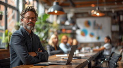 Obraz premium Senior Male Professional in a Creative Office Space. Mature businessman with crossed arms standing confidently in a creative workspace, with a team in the background.