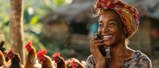 Angry Black woman, phone call and countryside on a chicken farm, smiling on the phone in support of sustainability, agriculture and animals.