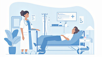 Ilustración plana de una enfermera en un hospital atendiendo al paciente - obrazy, fototapety, plakaty