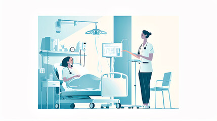 Ilustración plana de una enfermera en un hospital atendiendo al paciente