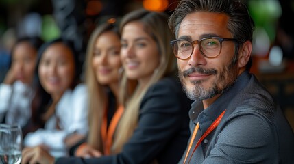 Fototapeta premium Experienced Businessman With Team at a Workshop. Accomplished businessman in smart casual attire at a workshop, with a group of attentive team members behind him.