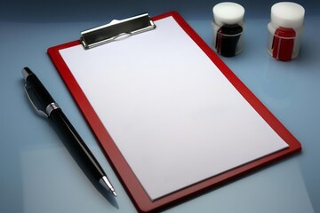 A sheet of blank white paper on a stand with a clip and a pen for notes.