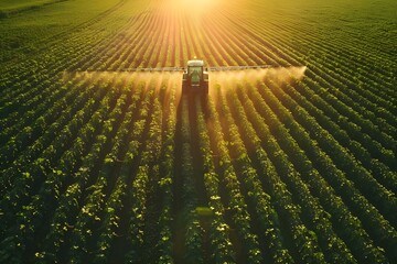 Aerial view of a tractor spraying pesticides on a green soybean plantation at sunset. Concept...