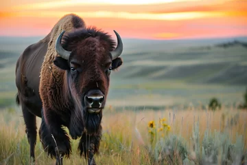 Foto op Canvas bison standing in grassland, sunset hues above © primopiano