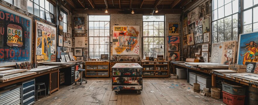 Artists studio with diverse media, creative process, finished artworks, inspiration in every corner
