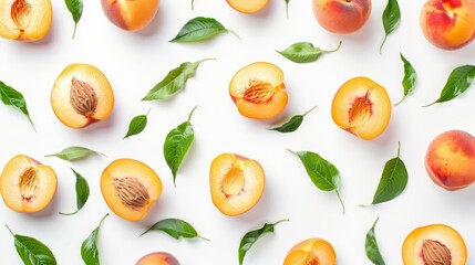 White background, peaches, halves and slices with green leaves. Isolated peach.