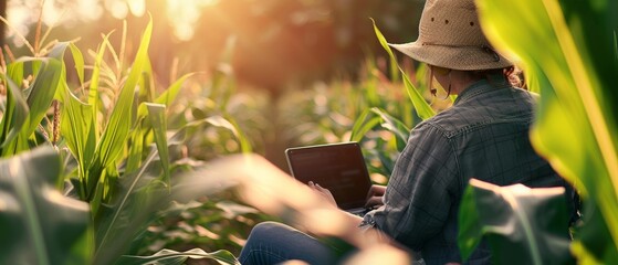 Agronomist on farm. Woman working in corn field with laptop. Modern digital technology. Agronomist...