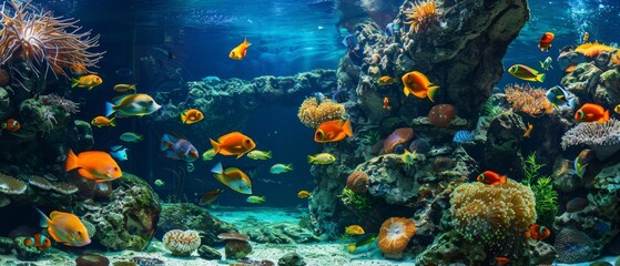 Naklejka na ściany i meble Aquarium oceanarium wildlife colorful marine panorama landscape nature snorkel diving underwater tropical sea fishes on coral reef.